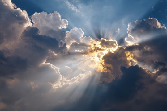 Heavenly Skyscape. Divine Sun Rays Breaking Through Dramatic Cumulus Clouds