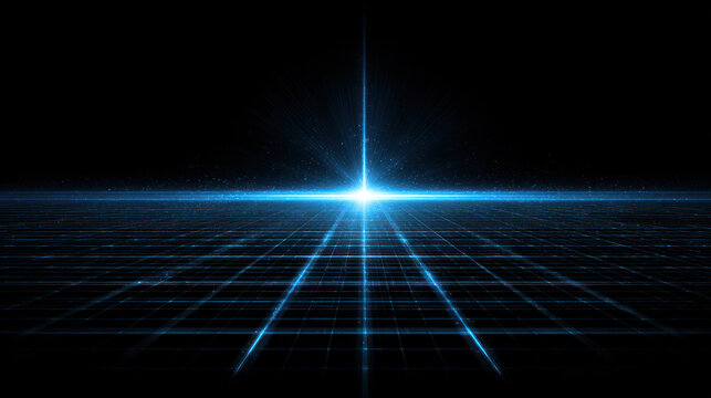 A futuristic blue grid pattern with a bright central light source, representing modern technology and digital connectivity.