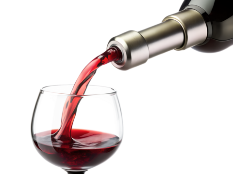 Red wine being poured from a bottle into a glass, isolated on transparent background