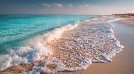 A serene beach scene with gentle waves lapping against the shore, showcasing clear turquoise waters and a sandy beach under a bright sky.