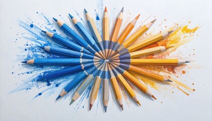 Colorful pencils arranged in a radiating circular pattern, with blue hues on one side and orange on the other, surrounded by splashes of color