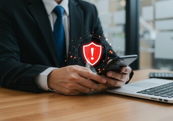 A suited professional at a desk, looking at a smartphone displaying a digital warning symbol&mdash;a red shield with a white exclamation mark