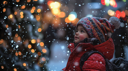 Child in red winter coat and colorful knit hat looking up at falling snow, festive Christmas lights bokeh in night city, magical holiday season portrait, cozy outdoor scene with copy space