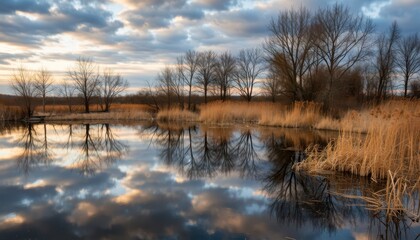 Reflections of tranquility over still waters countryside landscape photography serene environment dusk viewpoint
