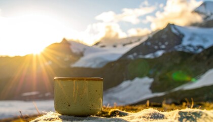 Sunrise view behind a ceramic mug on a snowy rock, with a mountain range and some clouds in the background