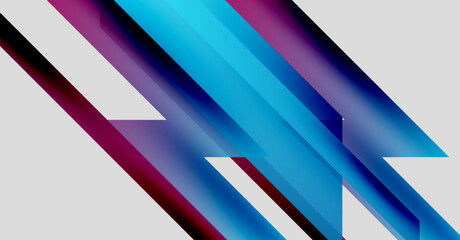 Abstract geometric design. Diagonal lines intersect, creating vibrant color gradients. Blues, purples dominate neutral background. Modern aesthetic.