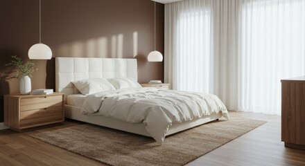 Modern Bedroom Interior with Bed Curtains and Lamps.