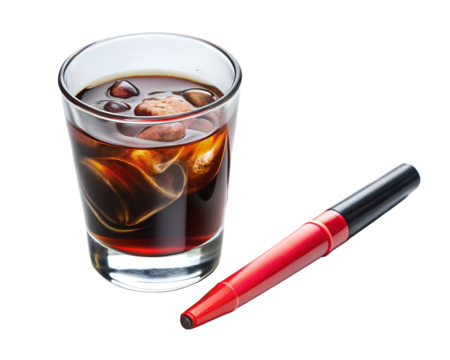 Glass of iced coffee with ice cubes and a red marker pen isolated on transparent background