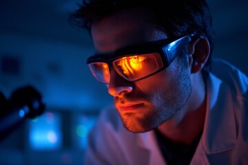 In a dark laboratory, a scientist wearing protective glasses closely inspects samples under a microscope, illuminated by a vivid orange light. The atmosphere is focused and intense