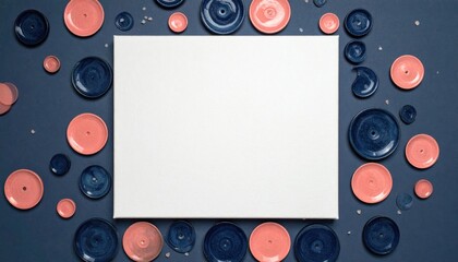 Empty white canvas framed by an array of small, pink & dark blue ceramic plates against a dark blue background, viewed from above