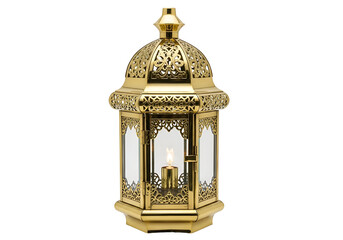 A polished, golden decorative lantern with intricate, ornate details stands out against a dark backdrop.