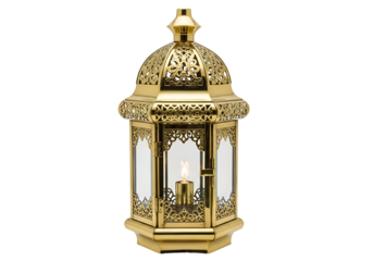 A polished, golden decorative lantern with intricate, ornate details stands out against a dark backdrop.