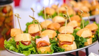 Platter of miniature slider sandwiches with ham and cheese, arranged atop vibrant green lettuce leaves