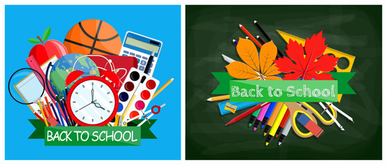 Flat style Back to School object set collection. Education study supplies, classroom tools for student learning and knowledge.