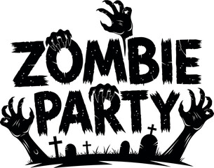 Spooky zombie party invitation title with creepy hands and gravestones illustration for halloween event vector