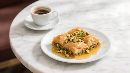 Delicious sweet baklava with pistachios, honey and aromatic coffee on white marble table, flat lay