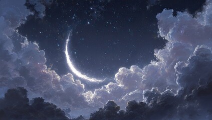 Obraz premium Crescent moon bathed in starlight, peeking through clouds at night