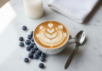 A top-down view of a latte in a white cup with intricate latte art, surrounded by fresh blueberries and a silver spoon on a white marble surface