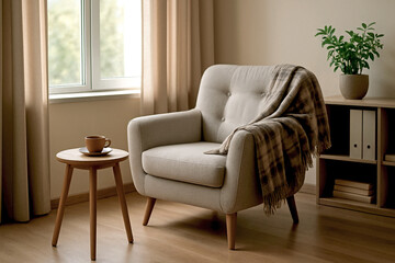 Warm therapist office interior with soft armchair, wooden table and tea cup near window. Relaxing atmosphere for mental health and self-care themes.
