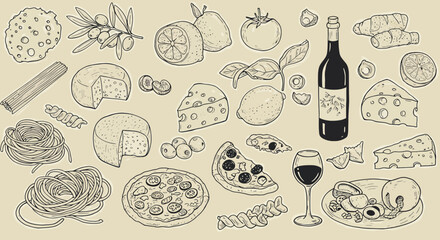 Italian food seamless pattern: pasta, cheese, wine, lemon, pizza, olives and other ingredients