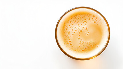 Top-down shot, close-up, glass of golden beer with bubbles and foam on white. Beverage, ale, drink concept.
