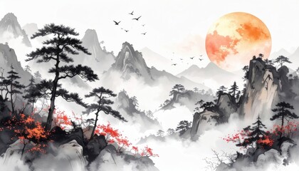 A scenic, ink-wash landscape featuring misty mountains, pine trees, red flowering bushes, soaring birds, and a luminous orange moon