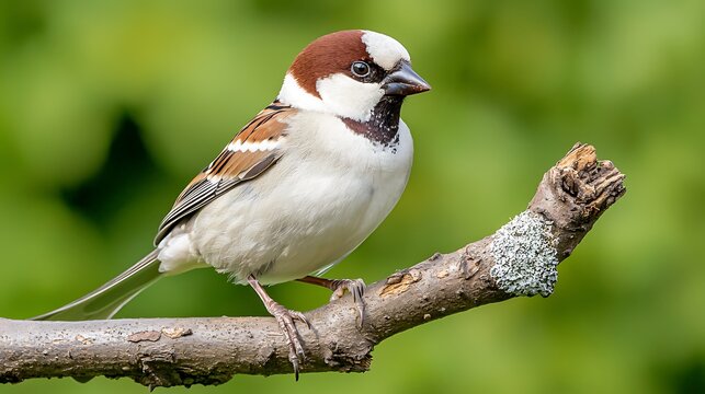 Minimal composition of sparrow resting on branch, captured in 4K with 85mm f1.8 lens, shallow depth separating subject from foliage backdrop