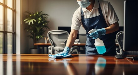 Person wearing a mask and gloves sanitizing a wooden desk in an office setting with a spray bottle.