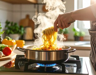 Hands stirring pasta in a boiling pot on the stove with steam rising, symbolizing cooking, freshness, and home lifestyle.
