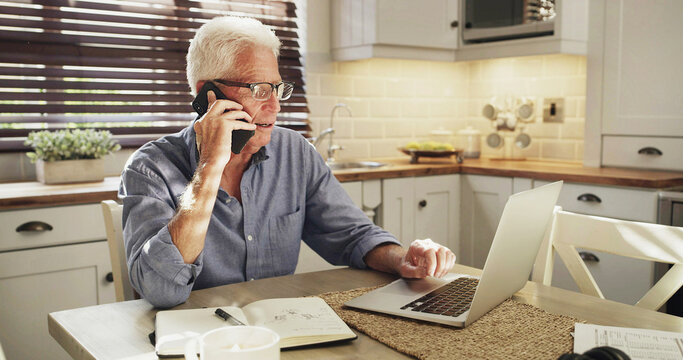 Senior man, laptop and phone call in kitchen for pension fund query, budget planning or online help. Technology, old person and talking to financial agent in home for loan application and assistance