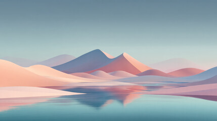 A soft color gradient landscape featuring mountains and water with a calm and serene atmosphere.