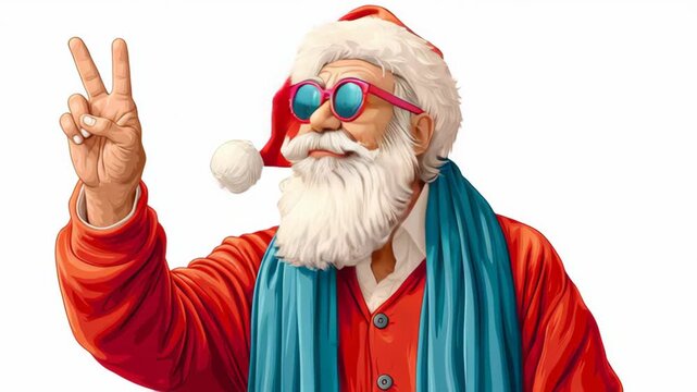 Cheerful character in festive attire, wearing sunglasses and a red hat, joyfully expressing peace and excitement with hand gestures, showcasing a vibrant and playful holiday spirit in a colorful illus
