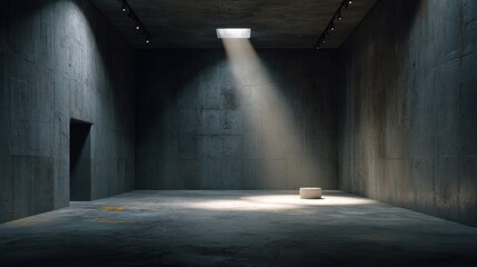 Fototapeta premium Empty studio space with dark concrete walls, a spotlight, and a concrete floor.