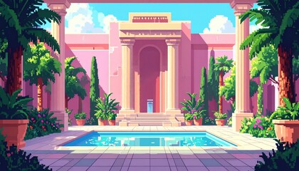 Obraz premium Pixelated courtyard scene pink building with columns, turquoise pool, lush green plants under a blue sky with white clouds. Warm, bright, and sunny