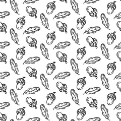 Pattern of leaves and branches with acorns. Acorns with leaves. Randomly. Graphics, engraving, and shading in a seamless texture. Black ink, marker. Forest, nature, recreation
