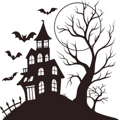 Spooky Halloween Silhouettes of Haunted House, Witch, Bats and Pumpkins