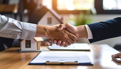 Business deal with a handshake over a contract. Houses are on table, blurred background with sunlight. Hands reach agreement with legal papers
