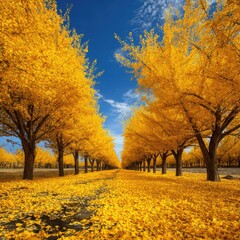 Fototapeta premium Golden autumnal trees line a path
