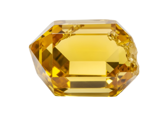 Close-up view of a radiant, multifaceted yellow gemstone, showcasing intricate facets and a slightly rough edge.