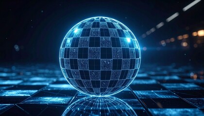 Futuristic glowing blue wireframe sphere on digital grid background with neon light effect.