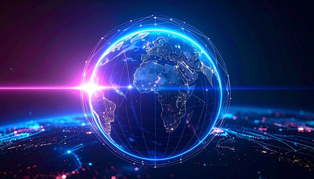 A digital representation of Earth, with glowing connections and lights - Powered by Adobe