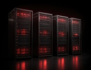 Dark server rack array illuminated by red LEDs