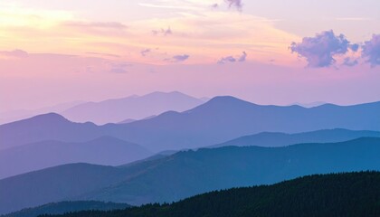Obraz premium Serene mountain range in layered shades of blue and purple at sunset, framed by a pastel sky