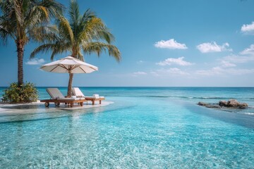 Naklejka premium Tropical infinity pool with loungers and palm trees under a white umbrella