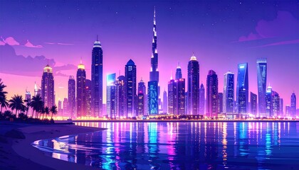 Fototapeta premium A vivid skyline at dusk, reflected in calm water, with a beach and palm trees in the foreground, showcasing a vibrant, futuristic, urban scene