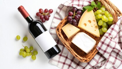 Overhead shot of a bottle of red wine, various cheeses, and green and red grapes arranged in a wicker basket on a white surface with a checkered cloth