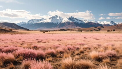 A serene landscape featuring a field of rosy grass against a backdrop of snow-capped mountains under a sunny sky with fluffy clouds