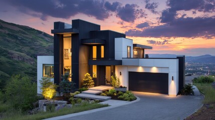 Modern contemporary home with striking black and white exterior design, situated on a hillside overlooking a landscape. Large windows showcase the breathtaking views