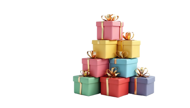 Stack of  colorful gift boxes, on transparent white background gift box with white background PNG file easy to edit 