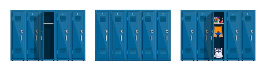 Blue school lockers set with different states. Open and closed locker with sports equipment, books, and backpack.